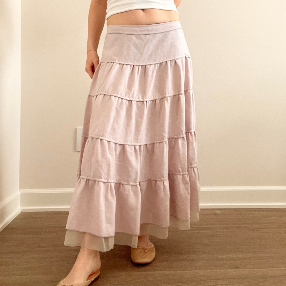 Vintage Linen Cotton Tiered Maxi Skirt in Dusty Pink - Picture 2 of 5